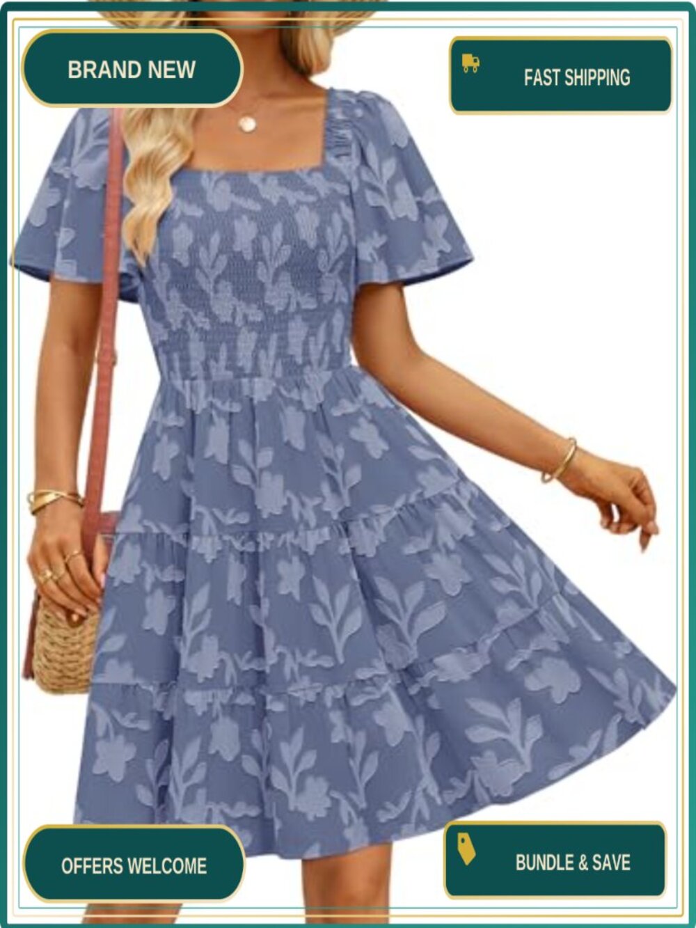 Boho Floral Flowy Mini Dress Square Neck Smocked